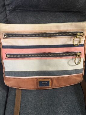 Fossil Striped Canvas Crossbody Bag in Pink, Navy & Tan